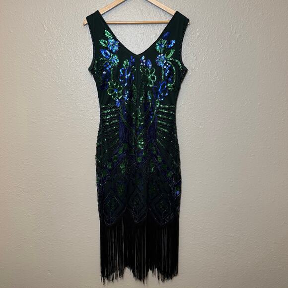 1920s Flapper Dress Full-Sequin Fringe Costume Party Unique Vintage Size Medium - Picture 12 of 13
